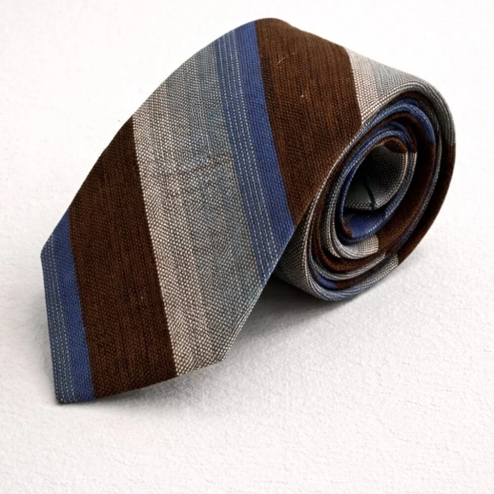 Madawaska Weavers Wool Striped Brown and Blue Men's Tie Vintage Handmade Canada